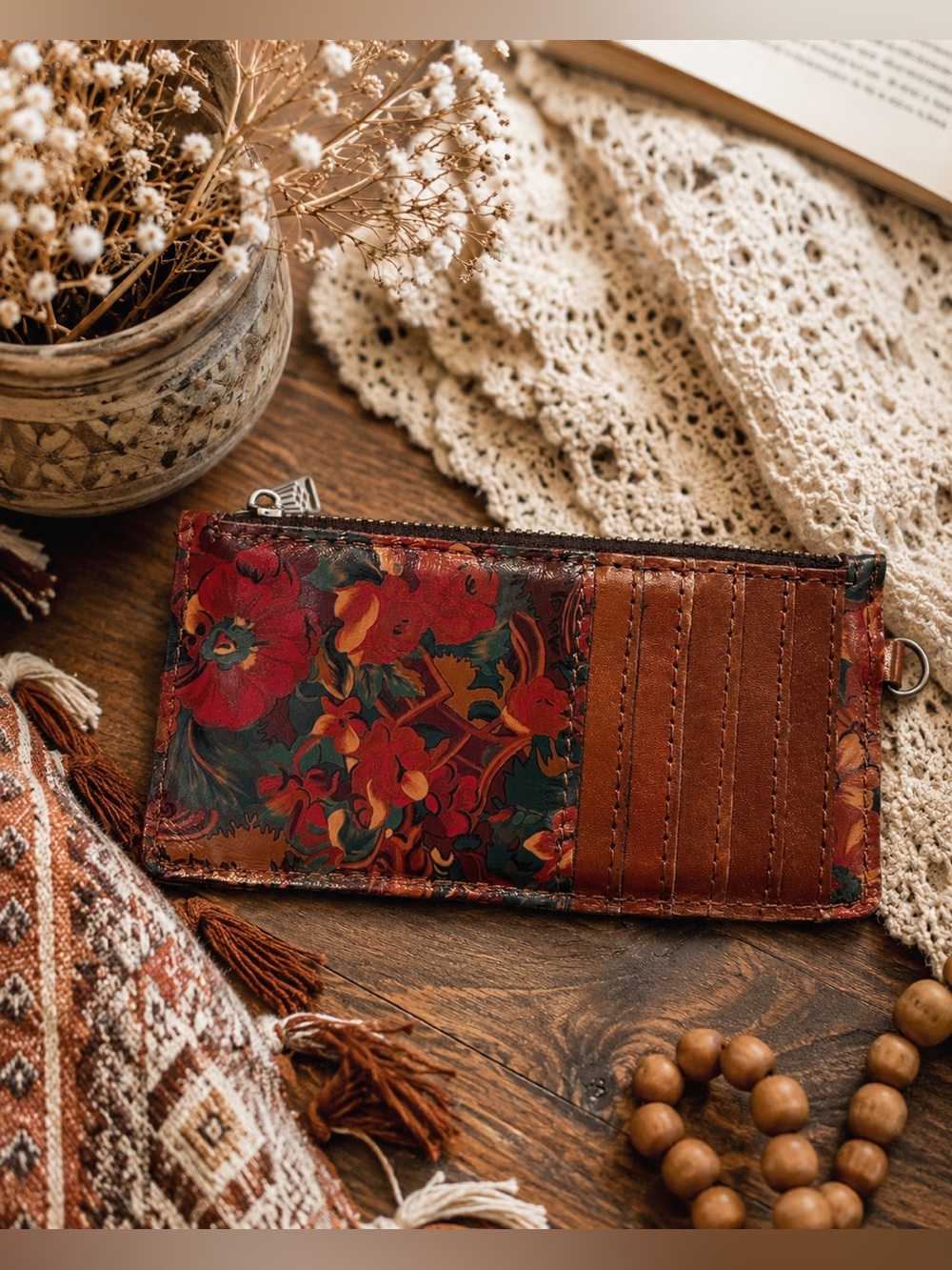 Patricia Nash Rustic Nature Floral Leather Card Case Zip Pouch